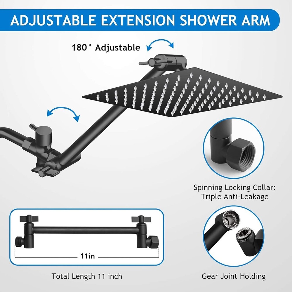 Black 8inch Rain Square Shower Head with Handheld Spray High Pressure Adjustable