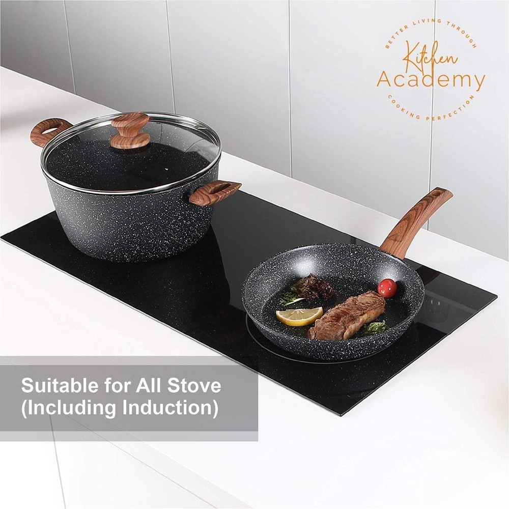 12-Piece Nonstick Granite Cookware Set Induction Compatible Black with Lids &...