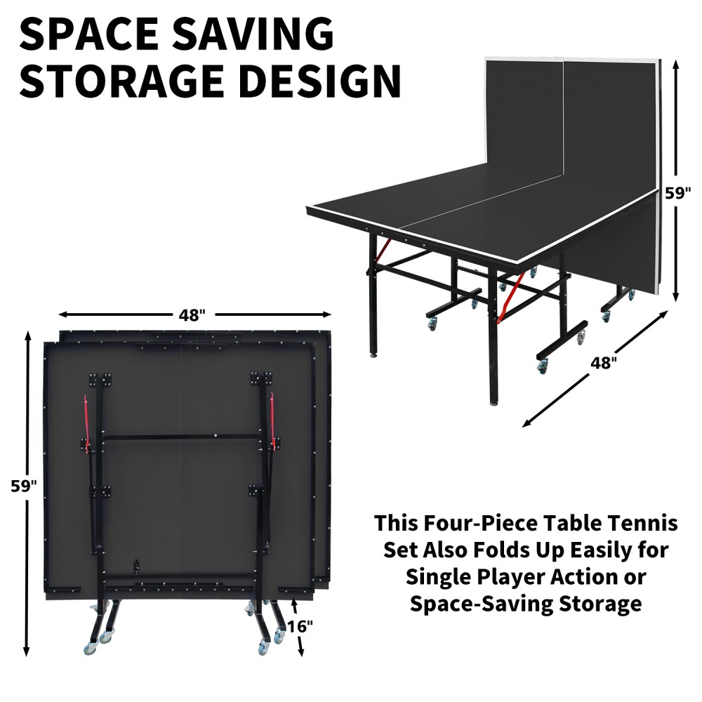 8ft Black Mid-Size Table Tennis Table Foldable & Portable Ping Pong Table Set