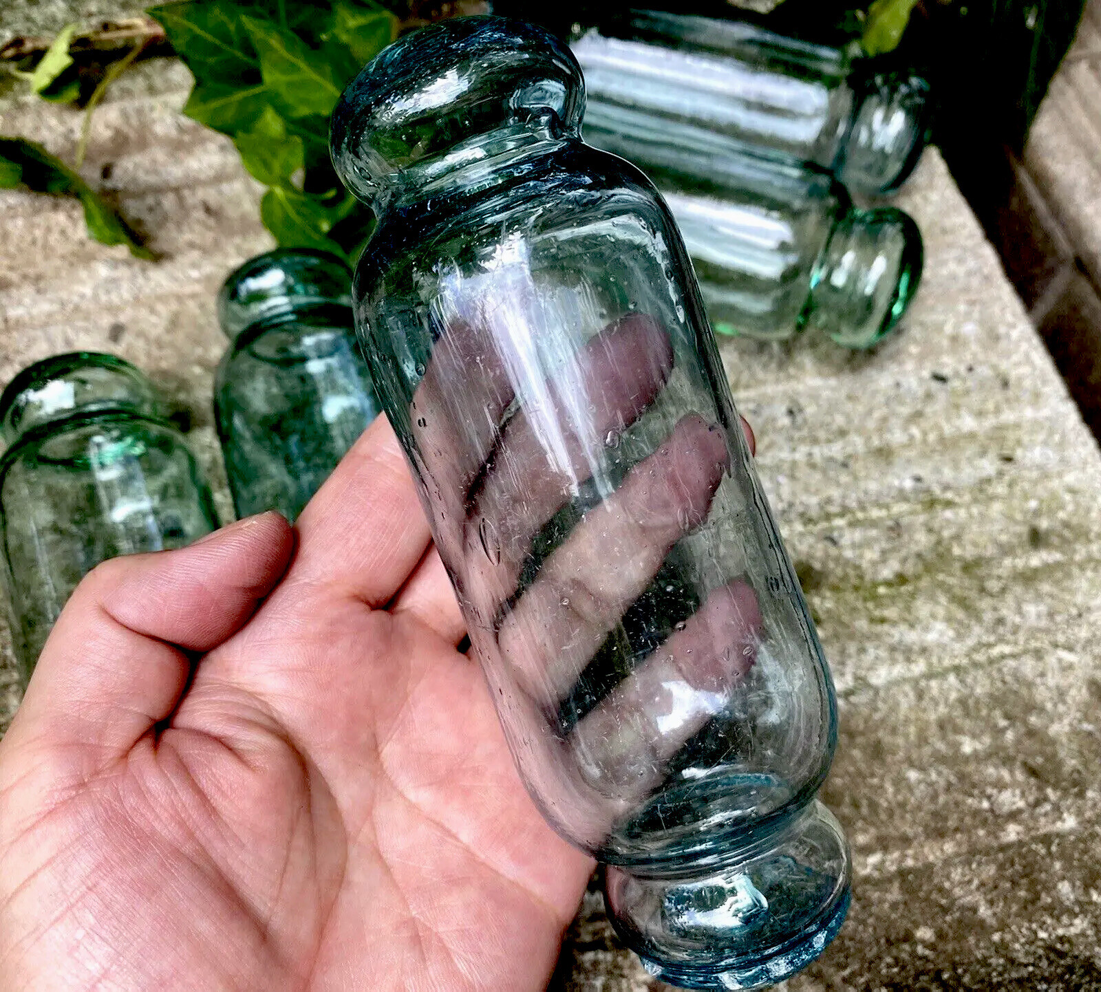 Set of 5 Japanese Glass Floats Antique Blue and Green Rolling Pin Fishing Decor