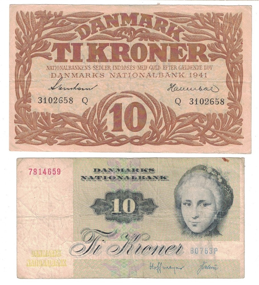 Denmark - (2) Older 10 Kroner Banknotes (1941 & 1976)