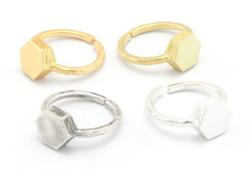Hexagonal Brushed Edge Ring Adjustable Silver,Raw Brass,Shiny gold-silver 4723