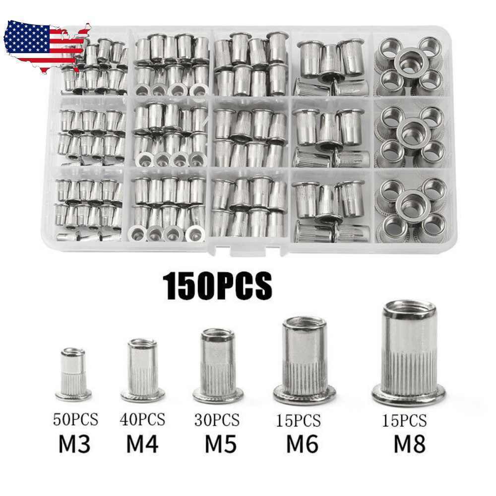 M3-M8 Aluminum Rivet Flat Head Threaded Set Rivet Nuts Blind Nutsert Kit 150PCS