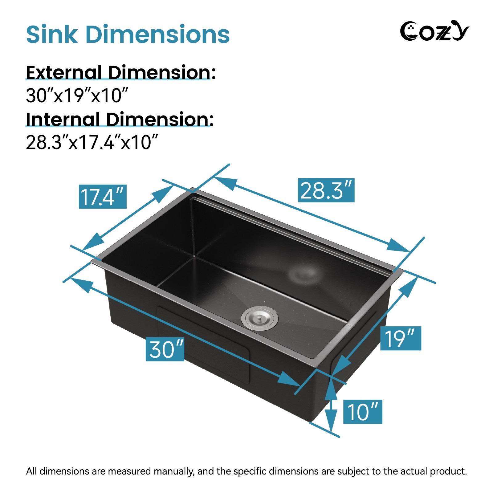 Cozy undermount stainless steel Black sink 30x19x10 inch with accessory