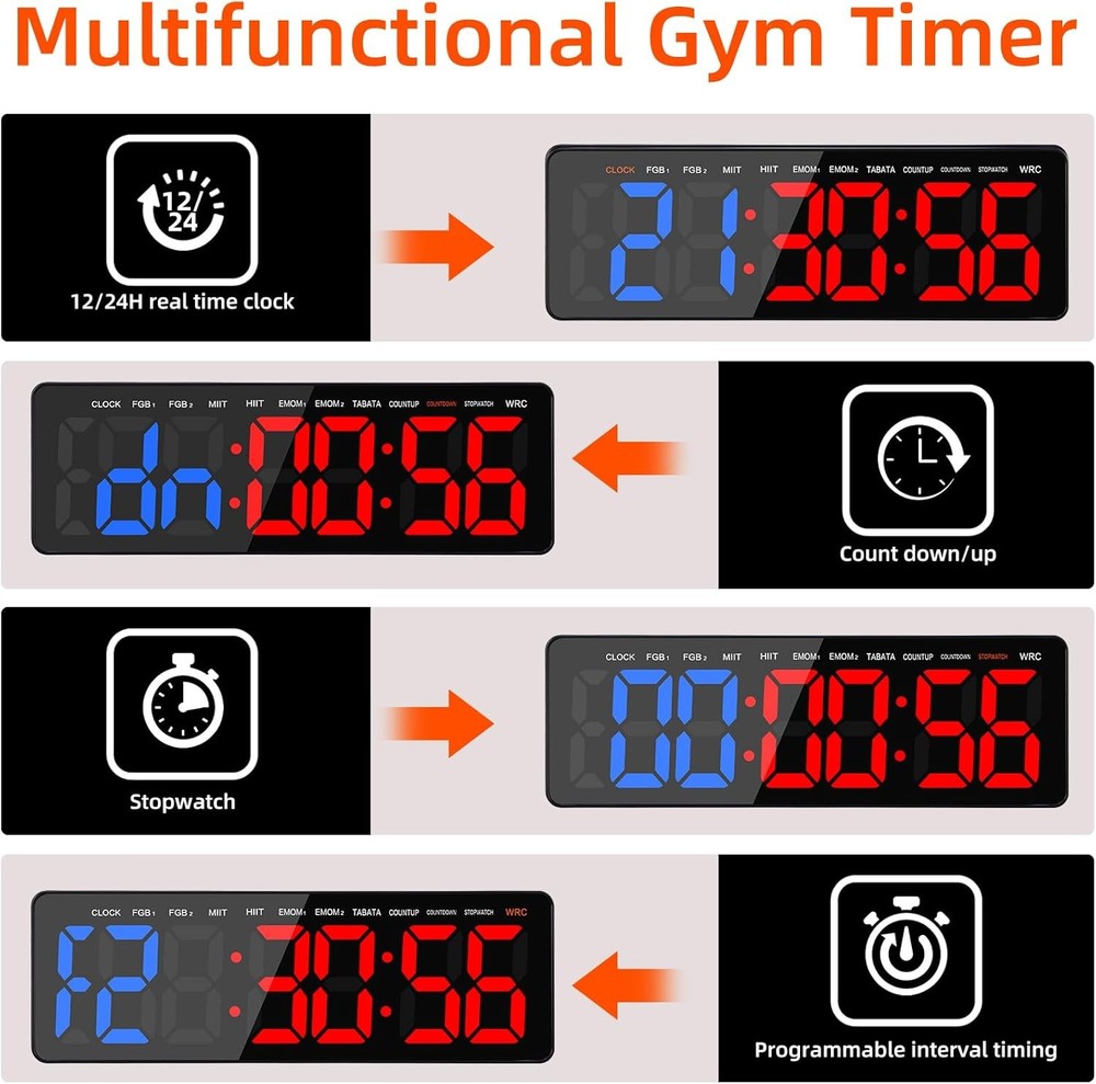 Gym Timer, 16.5" Large Digital Wall Clock for Interval Workout, Blue-red