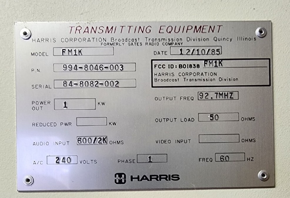 Harris FM1K FM Commercial Radio Broadcast Transmitter 1K 1,000W works