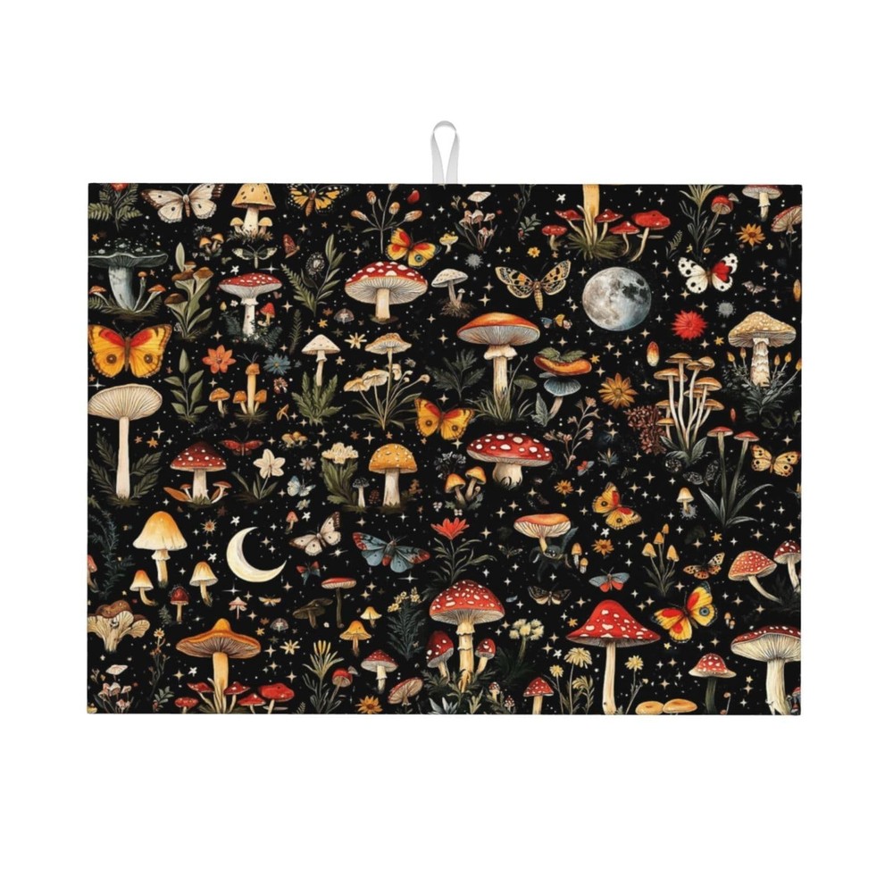 Black Forest Mushroom Butterfly Dish Drying Mats, Absorbent Microfiber Cute D...