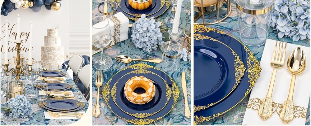 Blue Plastic Plates - Blue Gold Plastic Dinnerware Set Disposable