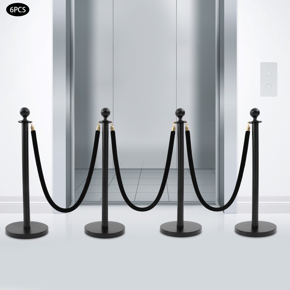 6 PCS Black Stanchion Posts Queue Pole with 4 1.5M Ropes Crowd Control Barrier