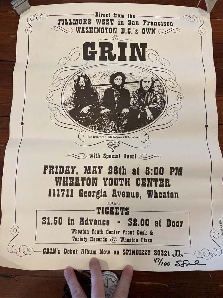 Nils Lofgren GRIN 1971 Poster Direct From The Gilmore Signed 47/100 Rare Poster