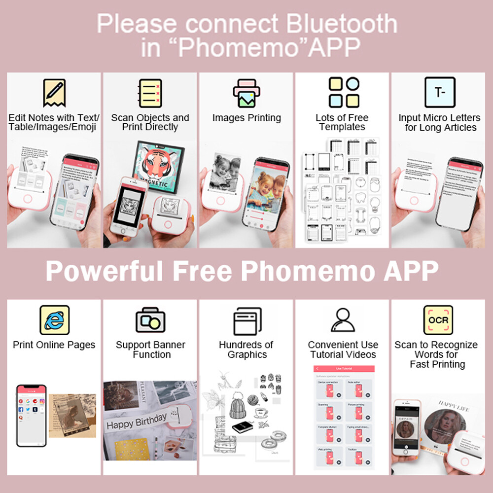 Phomemo T02 Pocket Wireless Bluetooth Thermal Paper Printer Photo Label Maker