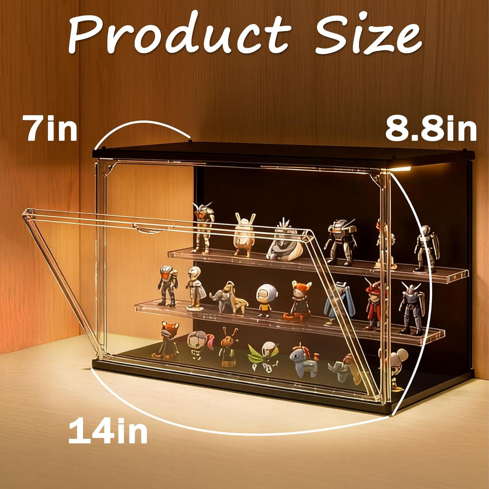 Clear Display Case for Collectibles, 3-Tier Stackable LED Figure Display Case wi