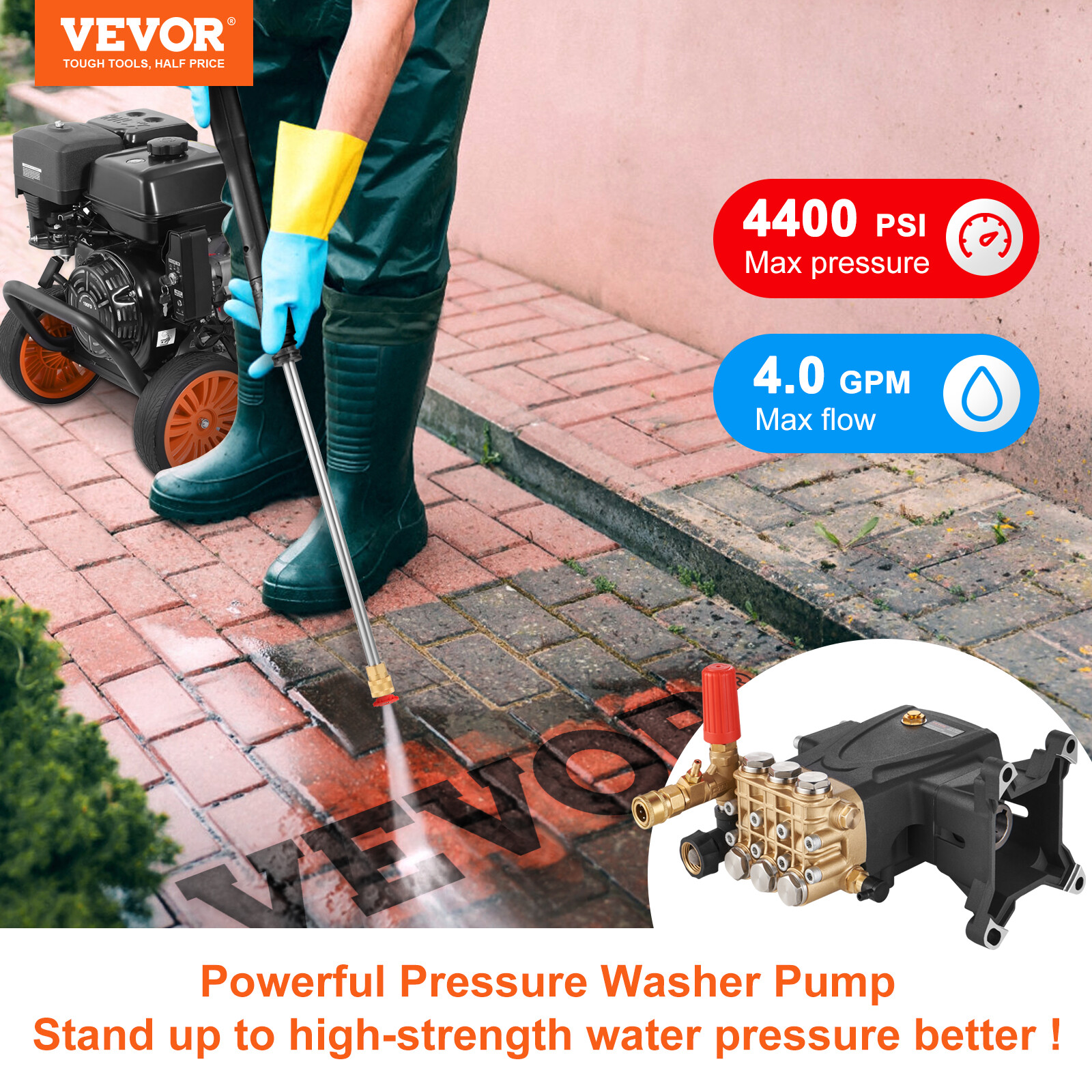 VEVOR Pressure Washer Pump Power Washer Pump 1" Shaft Horizontal 4400 PSI 4 GPM