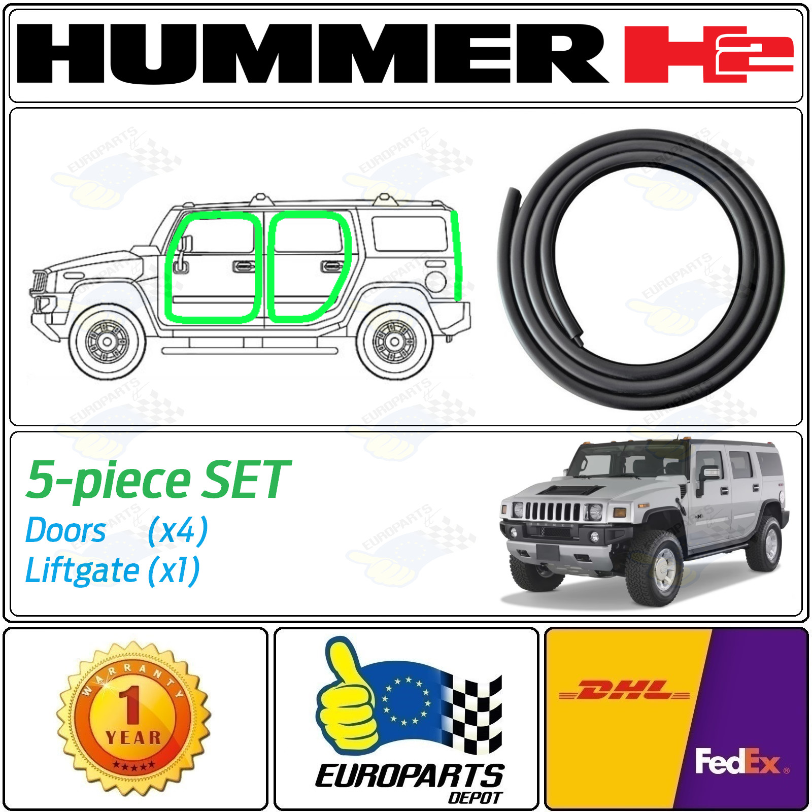 2003-09 Hummer H2 SUV 5-Piece Rubber Seal Weatherstrip Set for Doors & Liftgate