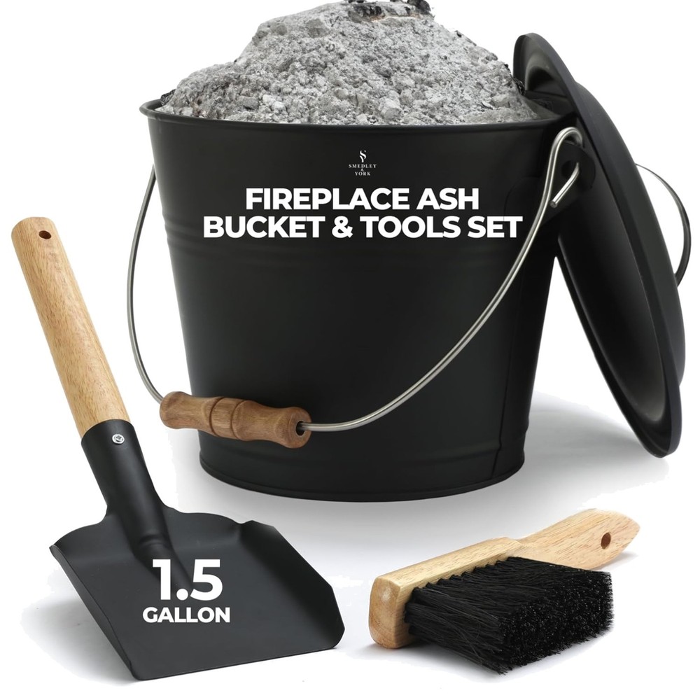 1.5 Gallon Mini Ash Bucket with Lid & Tools - Elegant Black Fireplace Solution