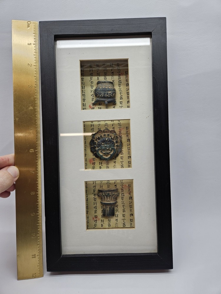 Set 2 Vintage Chinese Objects in Shadow Box Wall Decor - Calligraphy Beautiful!