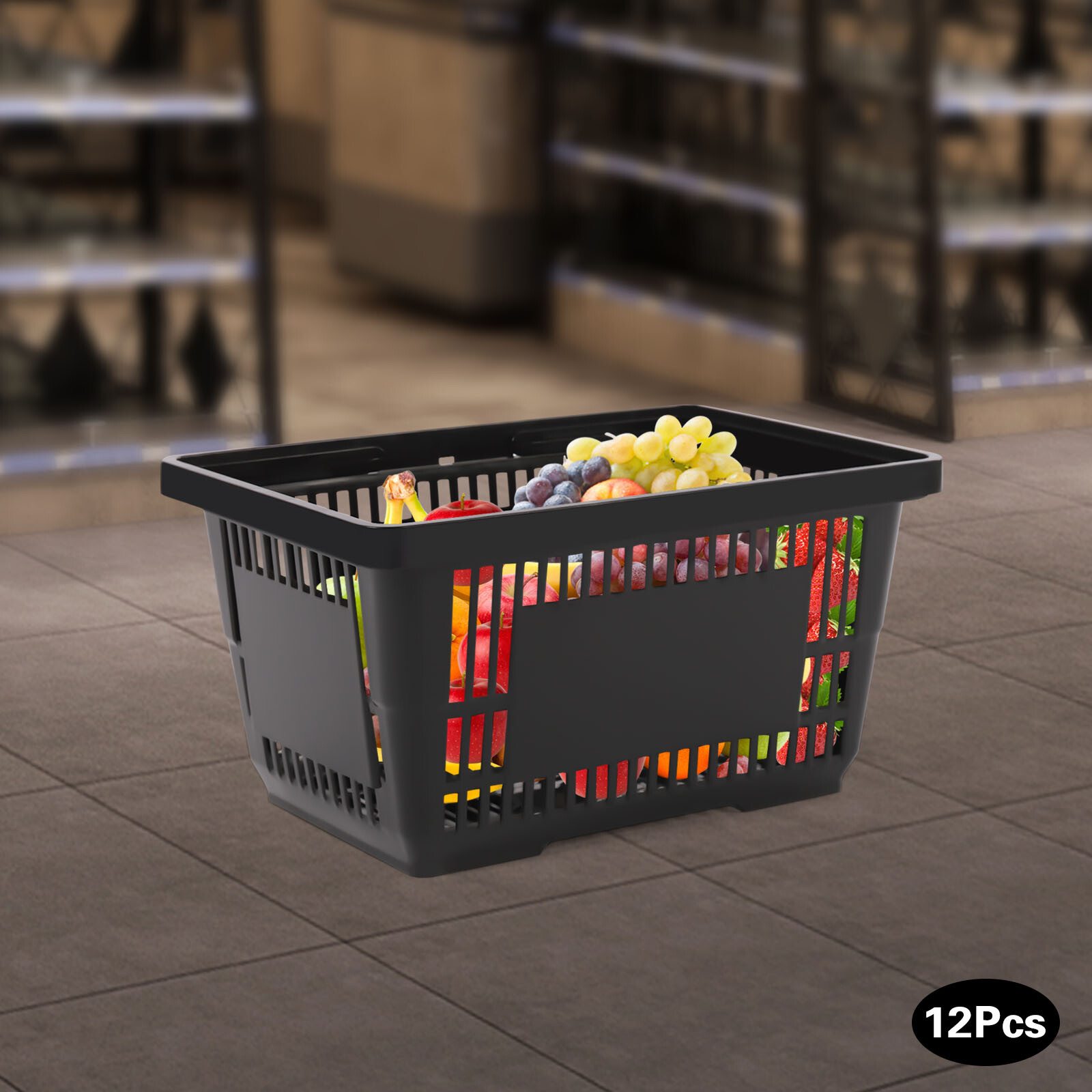 12 PCS Black Plastic Shopping Basket for Market Grocery Retail Store + Handles