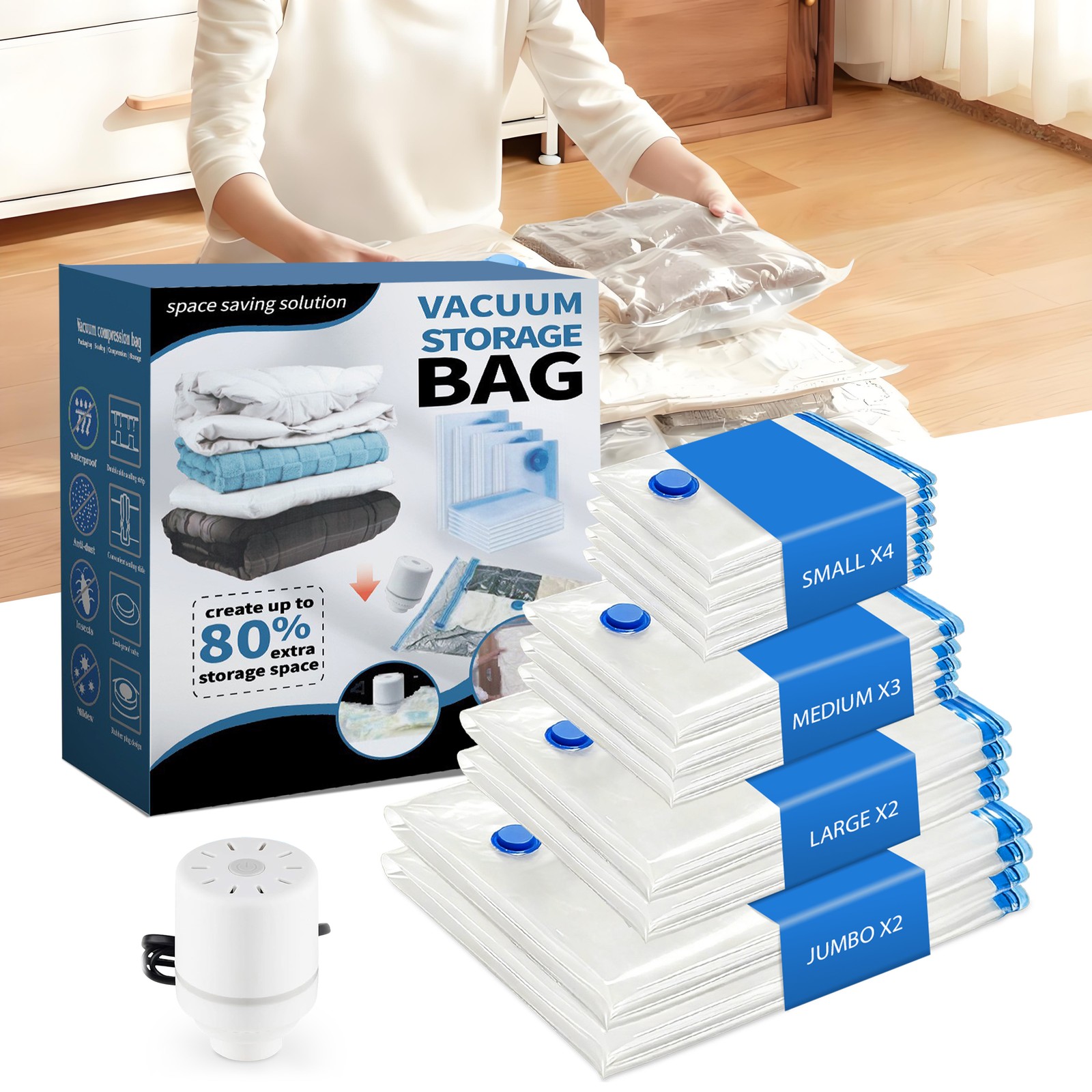 11pcs Vacuum Storage Bags with Electric Pump Home Travel Organizer