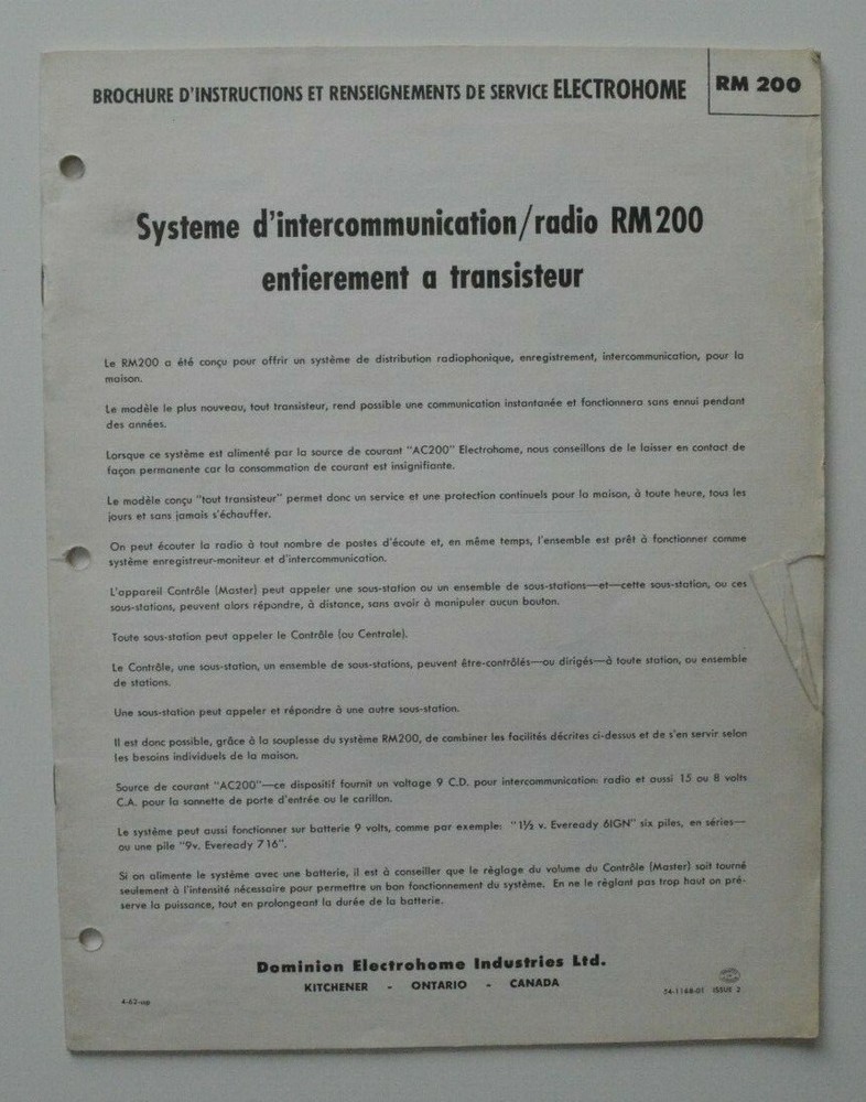 DOMINION Electrohome Transistor RM200 Intercom Radio System Instruction leaflet