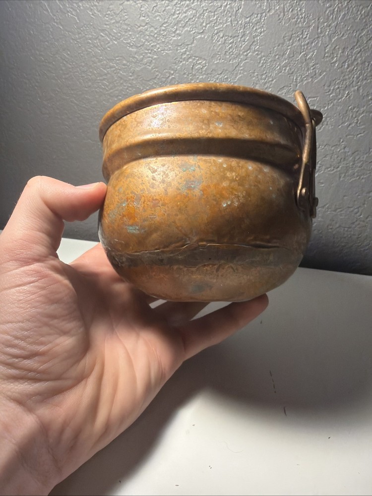 Vintage Solid Copper Cauldron Pot with Swing Handle Rustic Farmhouse Decor