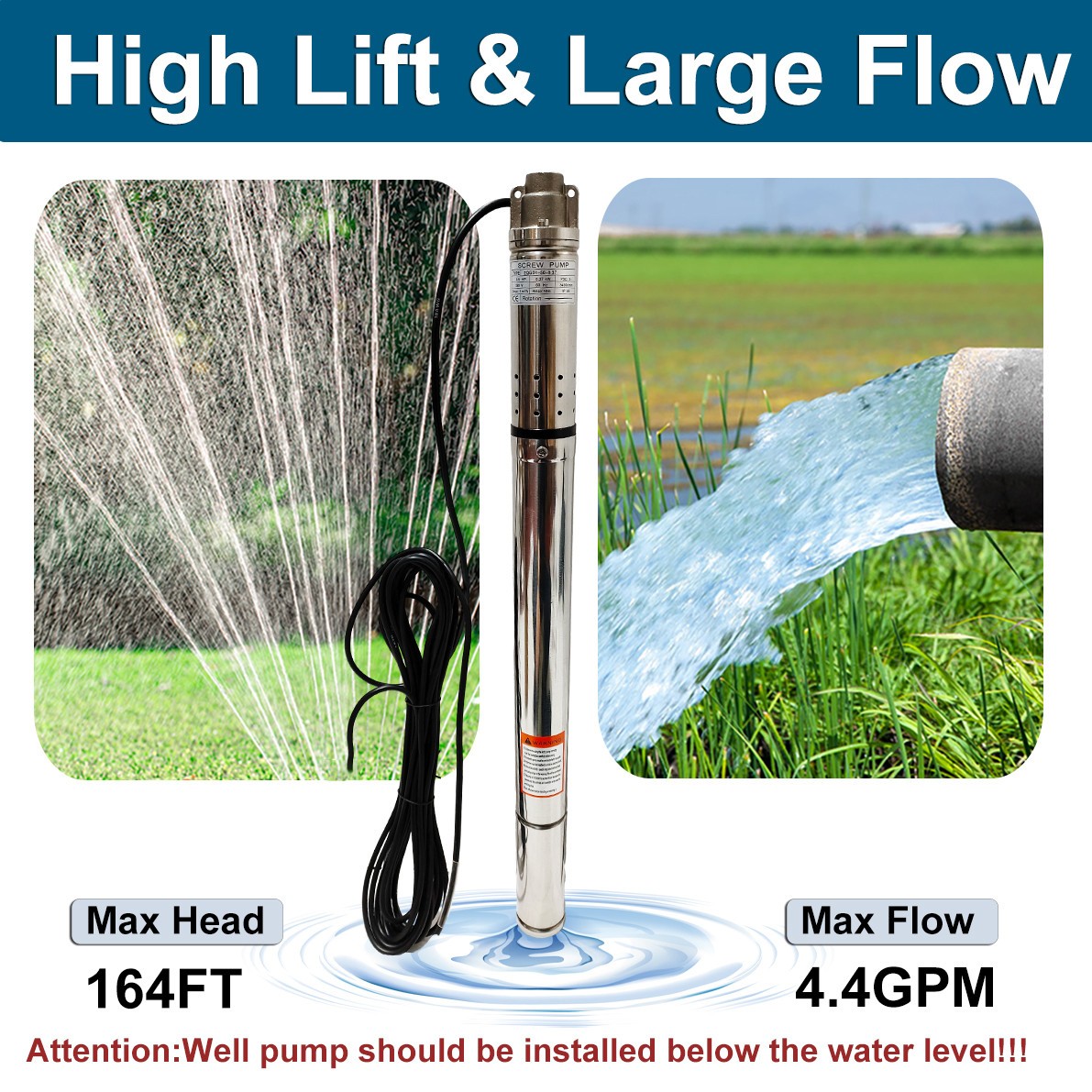 2" OD 1/2HP Deep Well Submersible Pump 164ft Hmax 230V 4.4GPM 33ft Cord