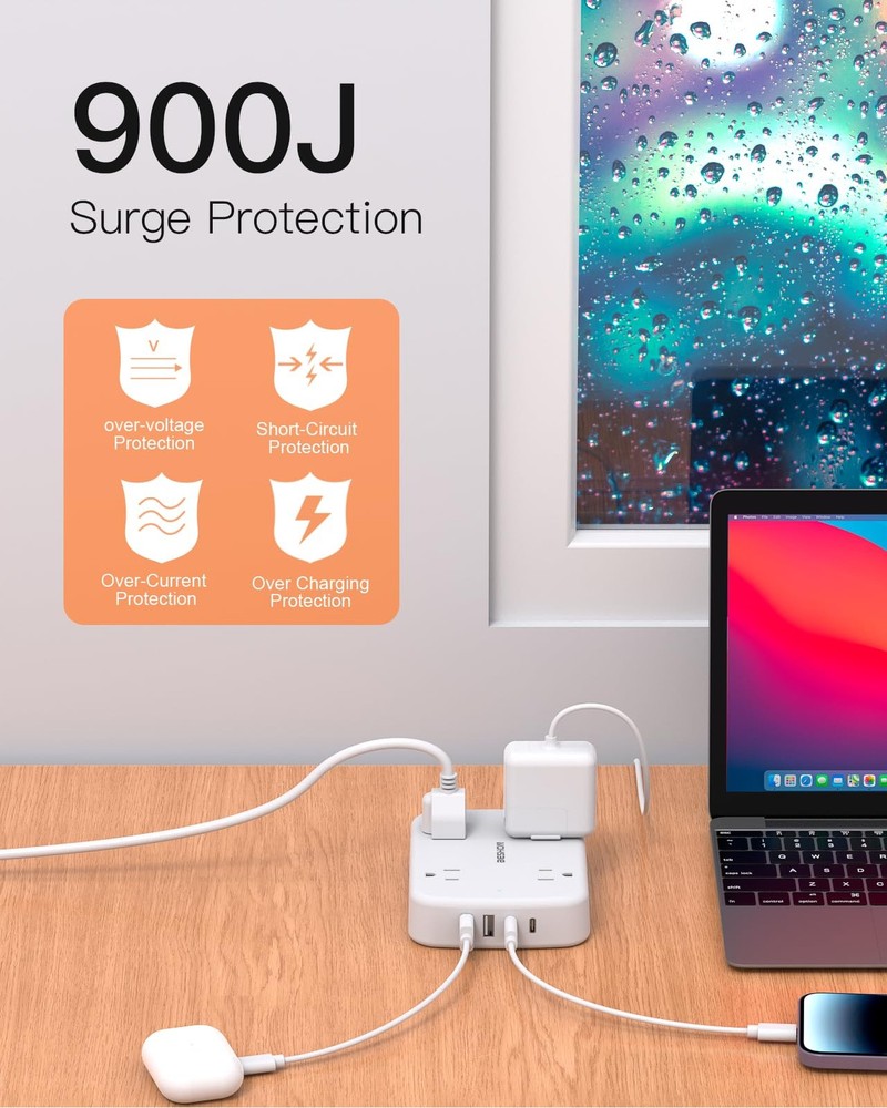 10FT Surge Protector Power Strip, Flat Extension Cord with 2 USB C, Flat Plug...