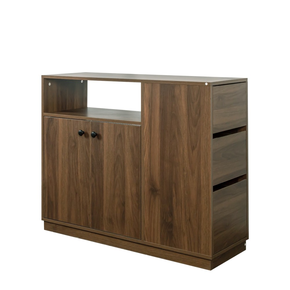 Small Kitchen Sideboard with Glass Sliding Doors, 3 Drawers & Display Shelf