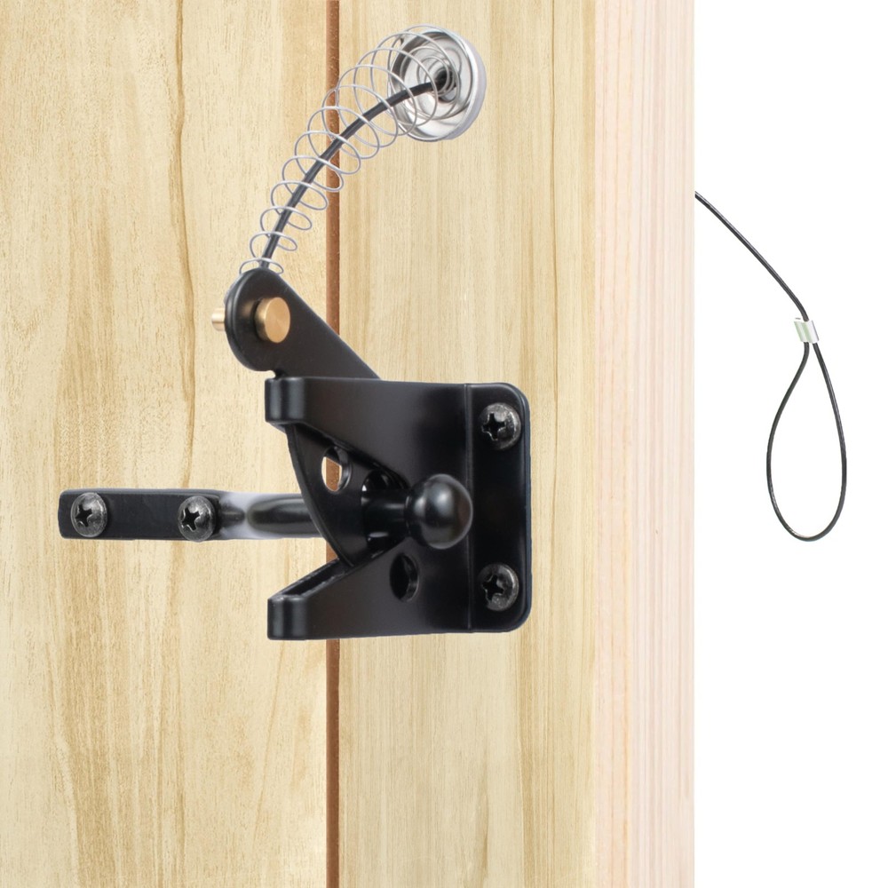 MustGood Self-Locking Gate Latch with Stainless Steel Spring Cable Pull Black