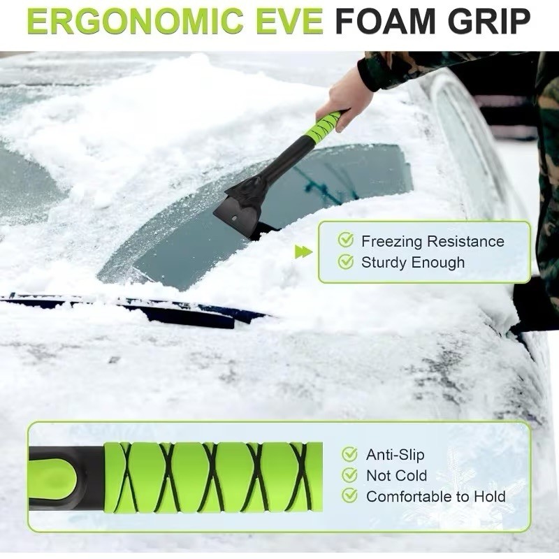 3-in-1 Snow Brush, Ice Scraper, Squeegee, 180° Head, Extendable Handle, Green