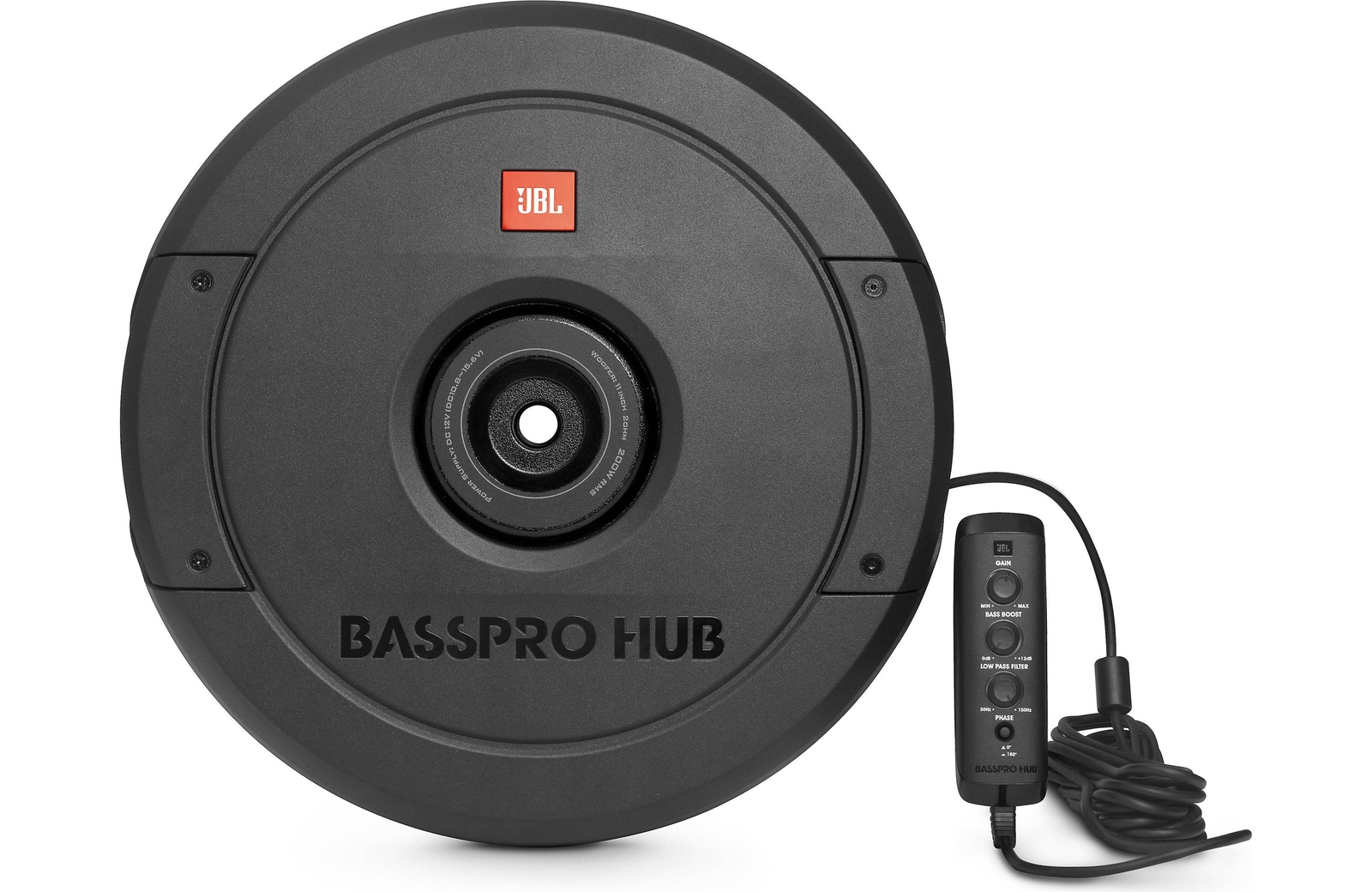 JBL BassPro Hub 11" subwoofer enclosure w. 200 W amp mounts to hub of spare tire