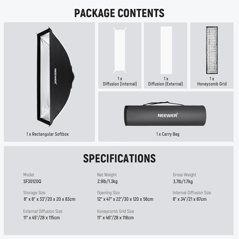 NEEWER 12"x47"/30x120cm Rectangular Folding Softbox w/Diffusers/Beam Grid/Bag