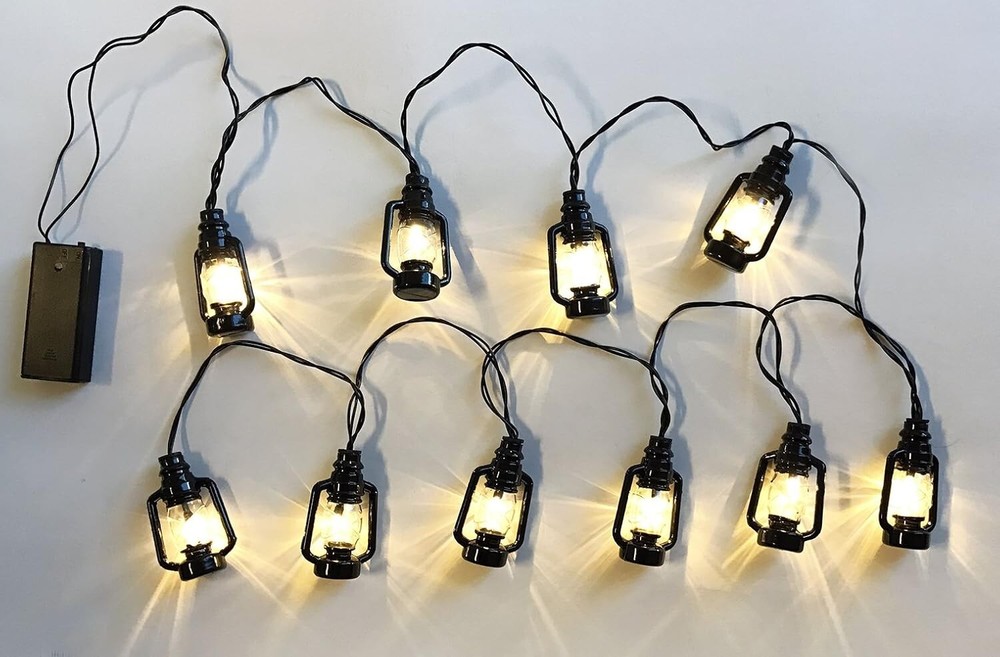 BANBERRY DESIGNS Black Lantern String Lights - 10 LED Lighted 3" Lanterns - 2PK