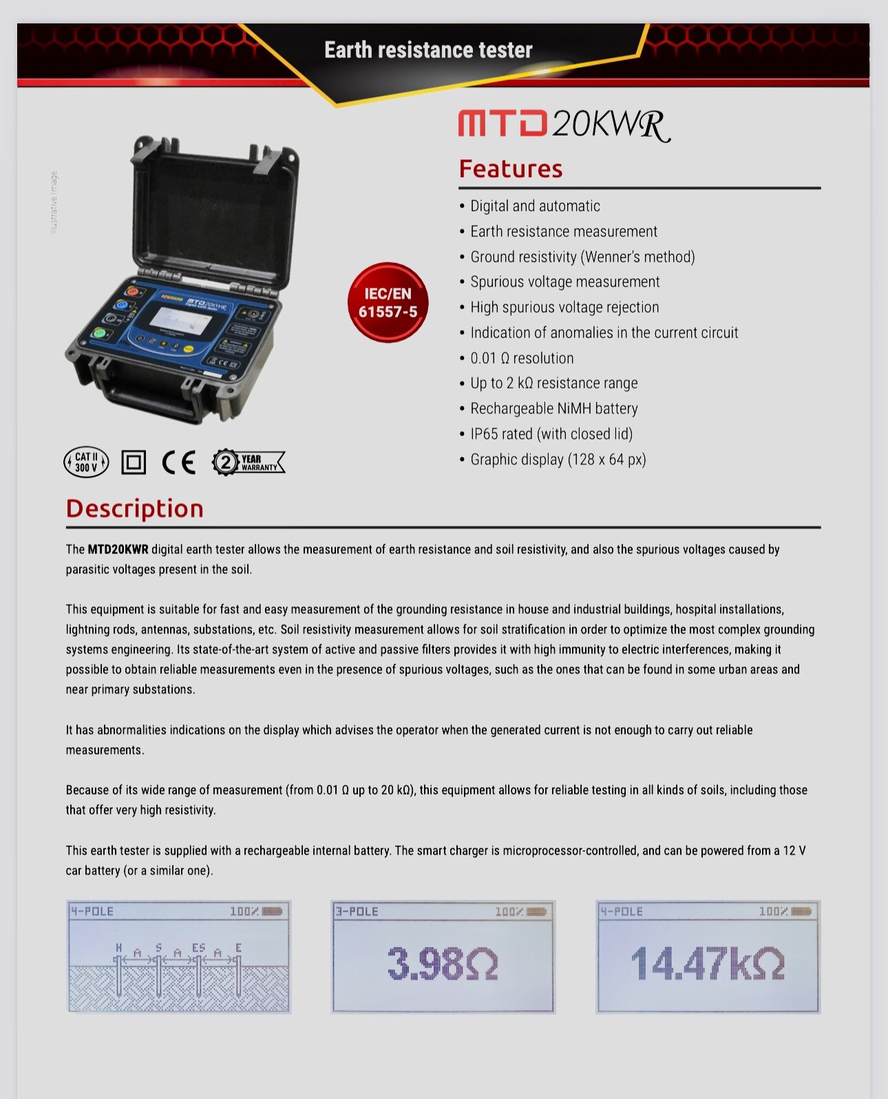 Tentech Megabras MTD20KWR Digital Earth Tester telurometer Reliable Measurement