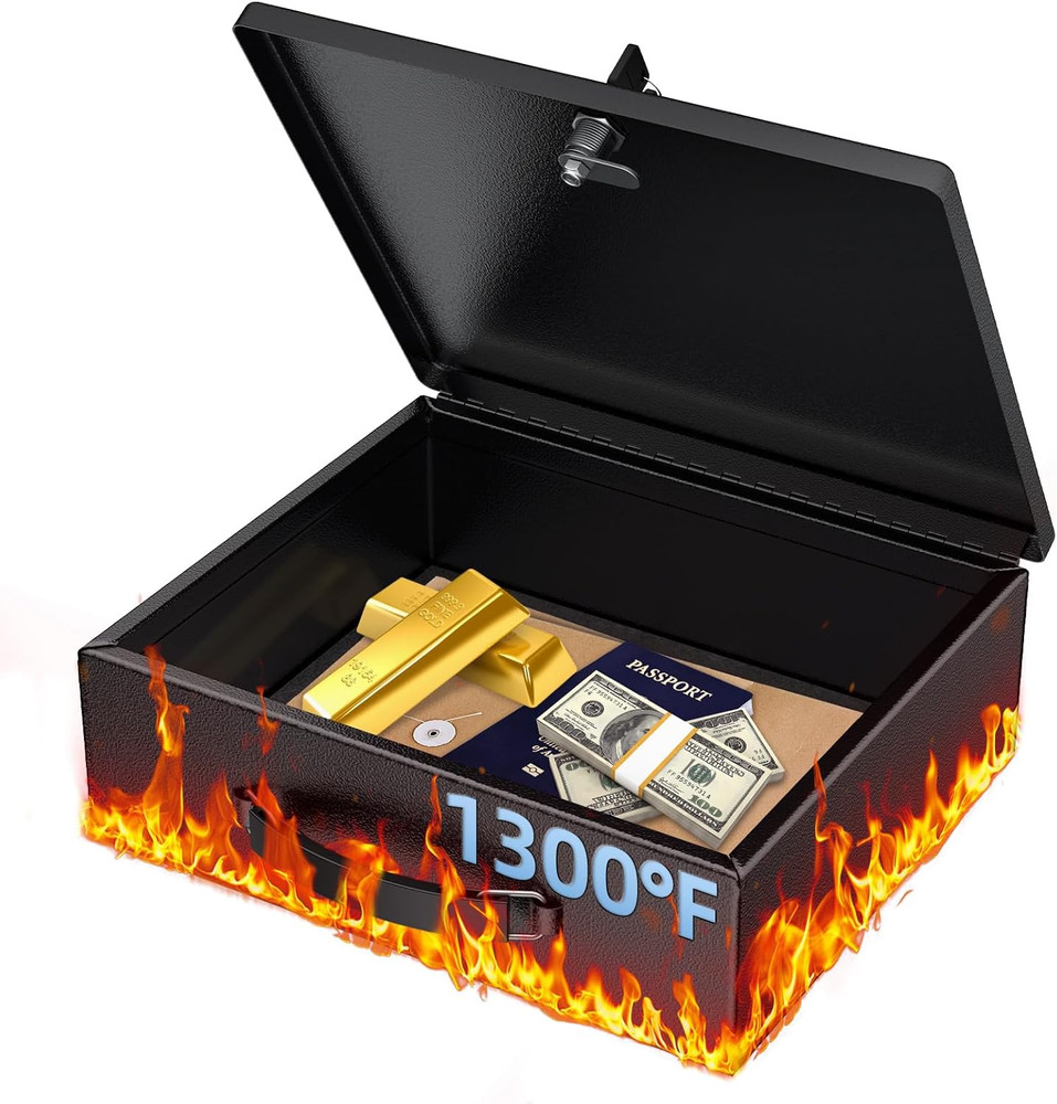 Fireproof Document Box with Key Lock & Handle, 13" X 10.9" X 4.1", Large Lock Bo