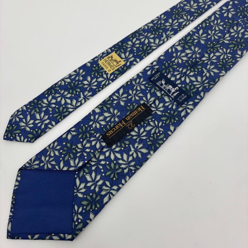 HERMES tie floral pattern all over blue white SILK 100