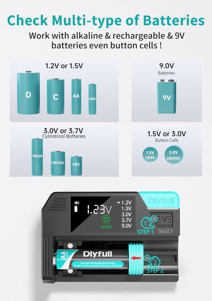 Universal Battery Tester, Dlypow Small Digital Battery Checker with LCD Displ...
