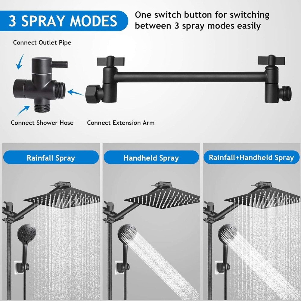 Black 8inch Rain Square Shower Head with Handheld Spray High Pressure Adjustable