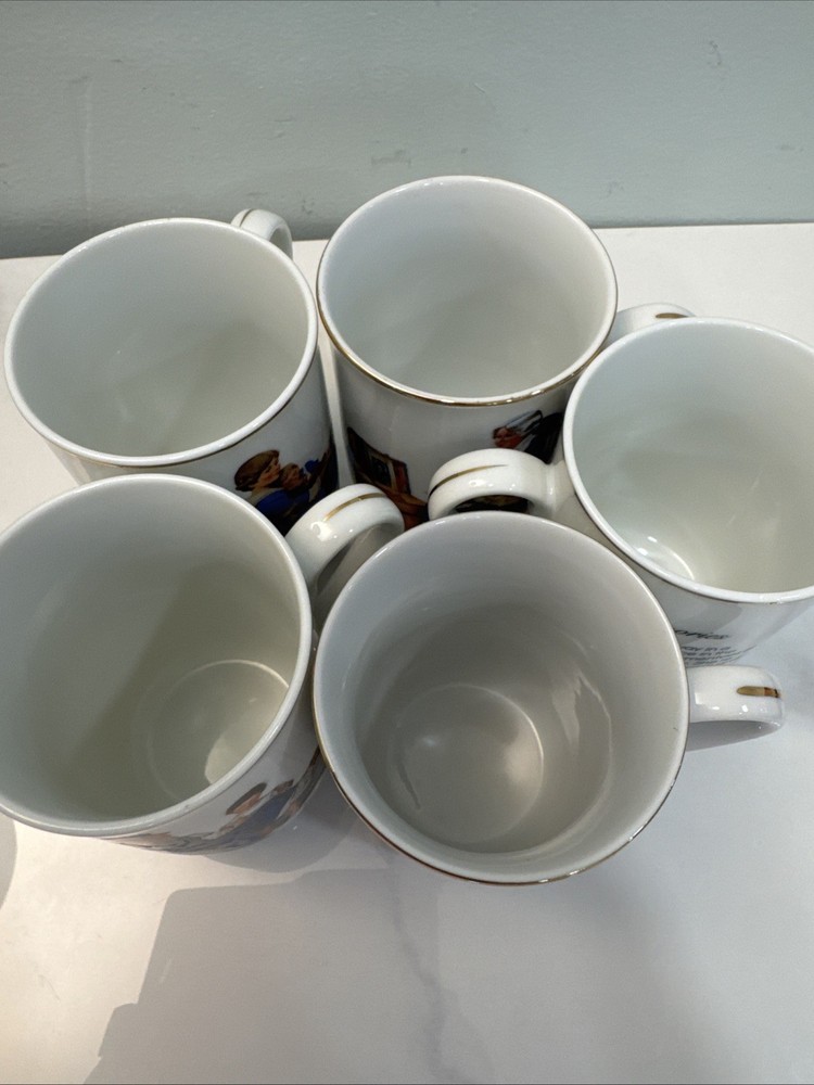 Norman Rockwell Coffee Cups From 1982 4 Different Patterns 5 Piece Set