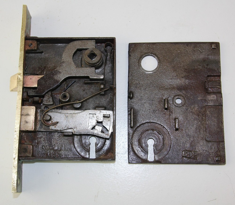 Vintage Industrial Russwin R&E Brass Mortise Lock Set Door Knobs Plates & Key