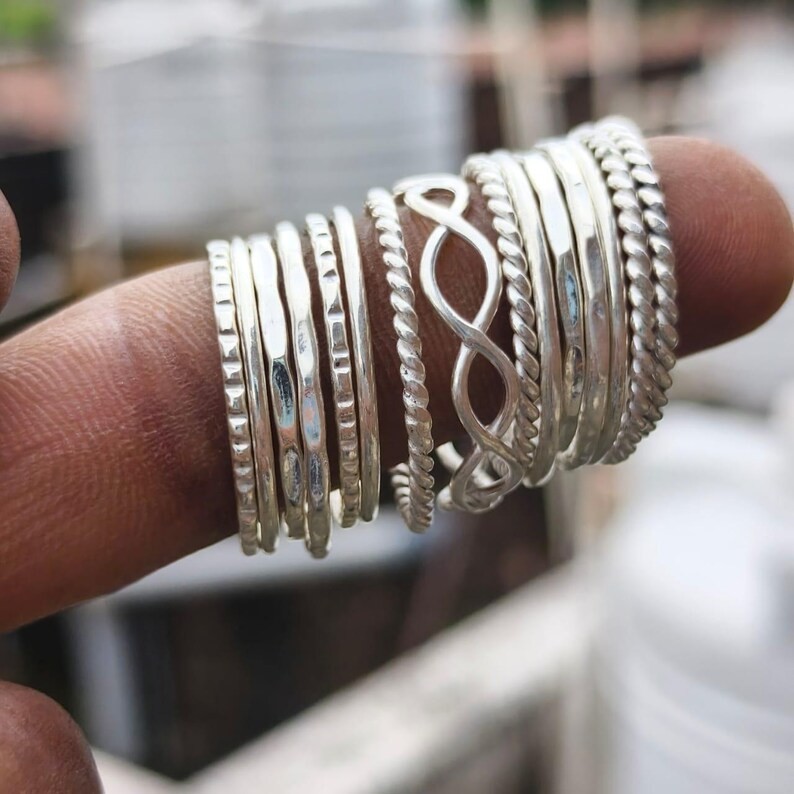 Set of 15 Silver Ring Set | Stackable Sterling Silver Rings | Boho Mini All Size