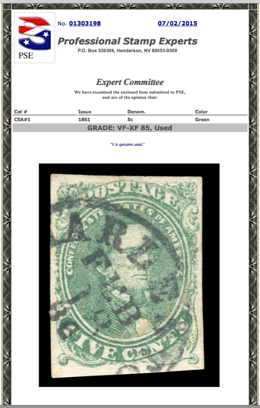 CSA #1 Used PSE Graded 85, Cert. # 01303198
