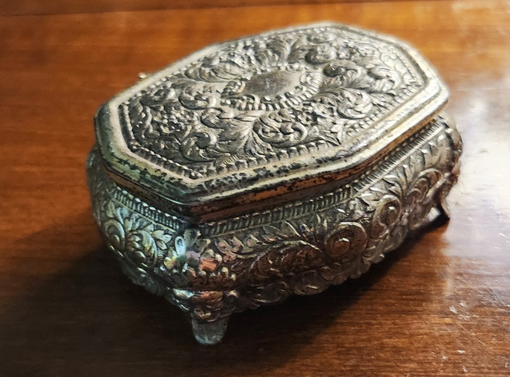 Vintage MCM Sterling Silver Hallmarked Clear Glass Rosary & Vtg Silver Plate Box