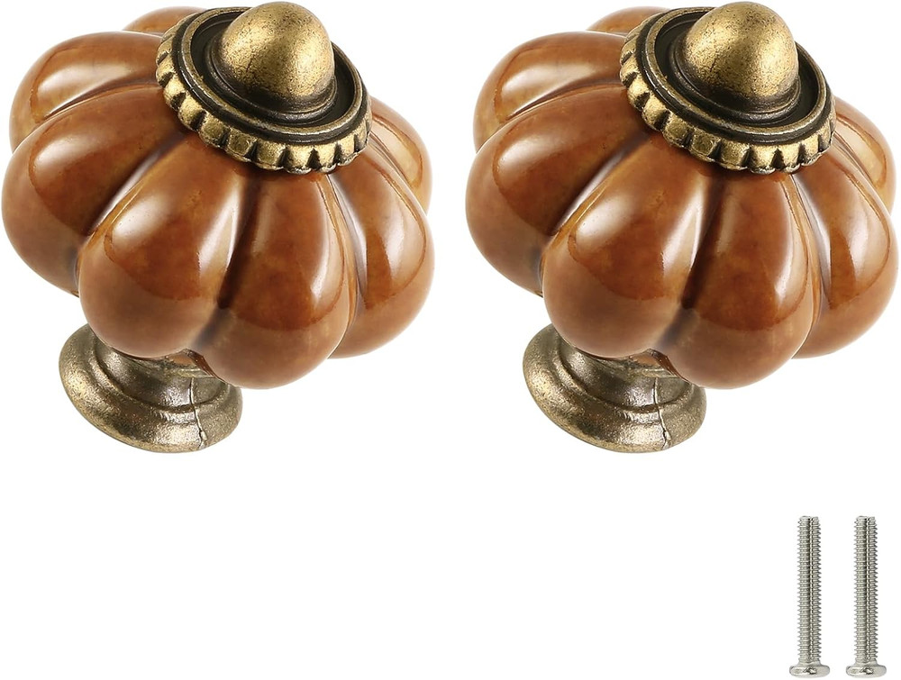 Earthy Yellow Pumpkin Knobs 6 Pack Ceramic Cabinet Knobs Vintage Drawer Pulls -