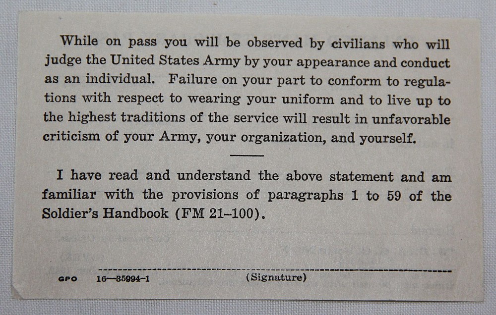 ORIGINAL WWII UNUSED, 1943 DATED U.S. ARMY ENLISTED MAN'S TEMPORARY PASS