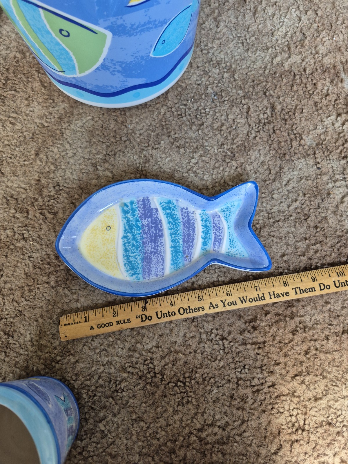 Fish Theme 7pc Bath Bathroom Set Ceramic Soap Dish ToothBrush Hold Cup Trash Can