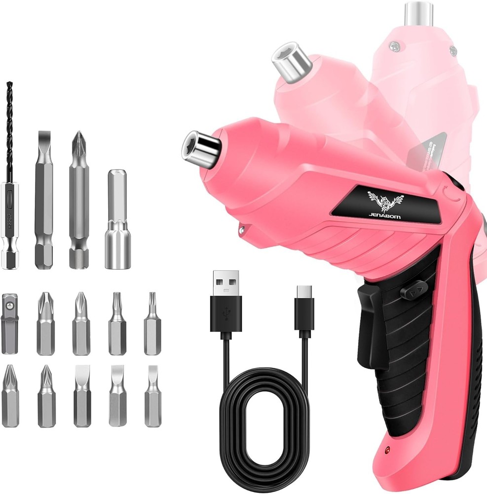 Stylish 3.6V Pink Cordless Screwdriver with 14 Bits & LED Light - Efficient Tool