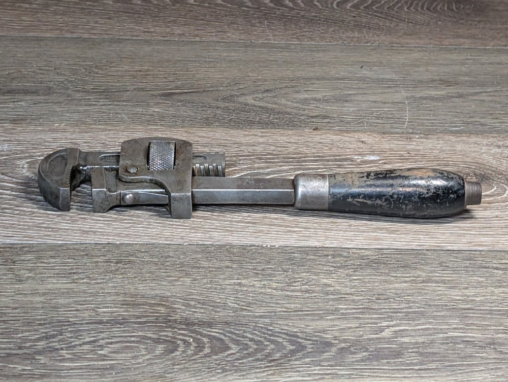 Antique Threadwell 10" Adjustable Pipe Monkey Wrench Wood Handle