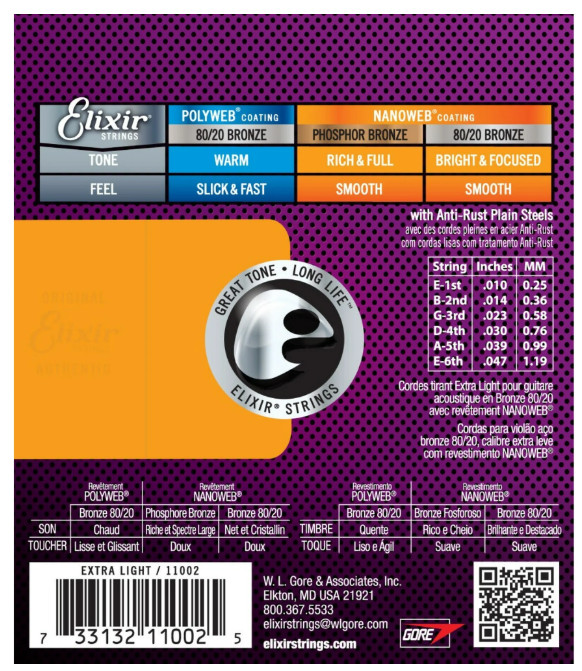 Elixir Strings 11002 Extra Light Nanoweb Acoustic Guitar Strings 10-47