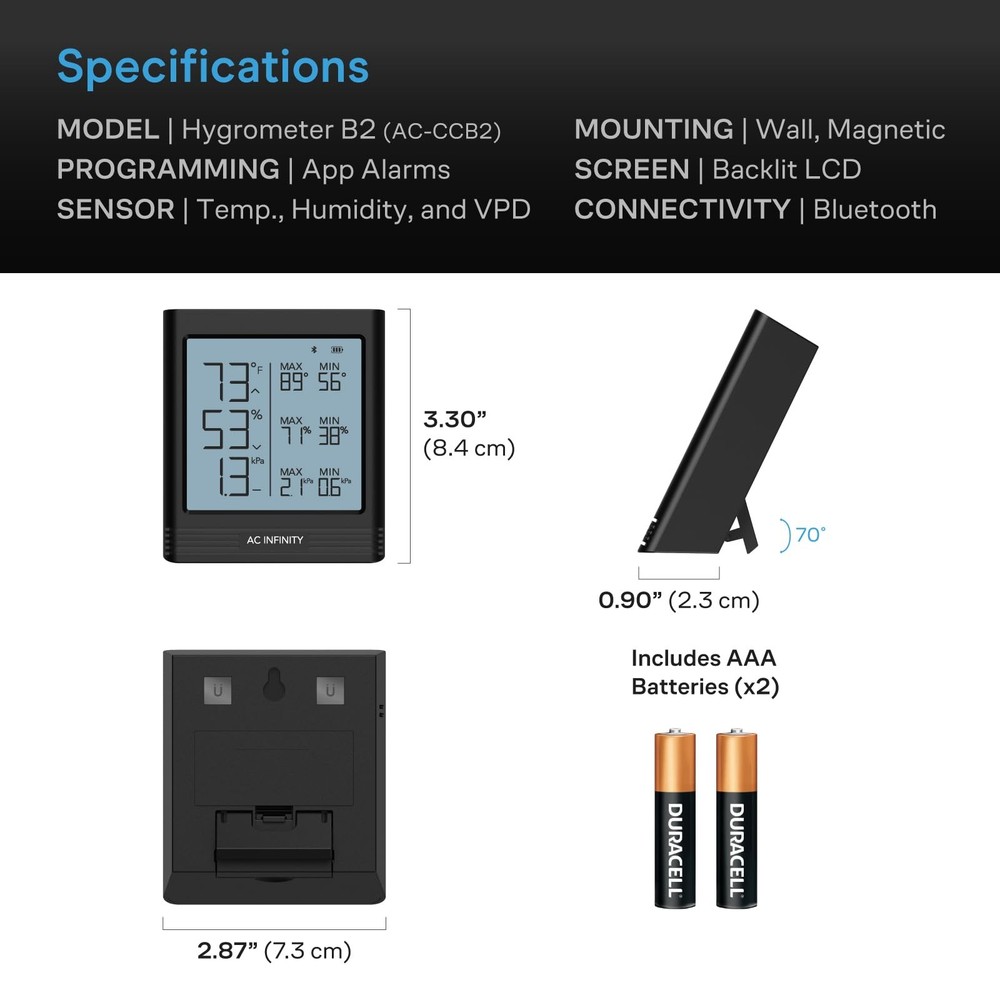 AC Infinity Temperature Humidity VPD Smart Hygrometer B2 with LCD Black