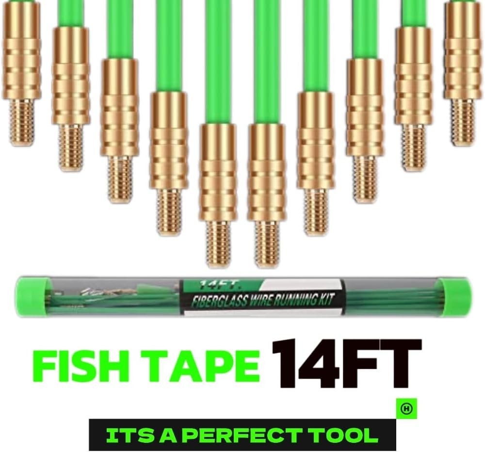 14FT Fiberglass Running Rods for Wire Pulling with 8 Attachments - Durable Green